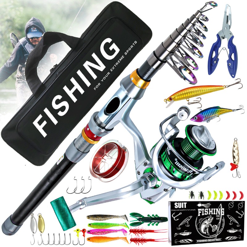 Reel Bag - ชุดคันเบ็ดตกปลาแบบยืดหดได้พร้อมรอก ชุดอุปกรณ์ตกปลาแบบพกพา พร้อมเหยื่อปลอมแบบนิ่ม เหยื่อปลอมขนาดเล็ก ตะขอ สายตกปลา